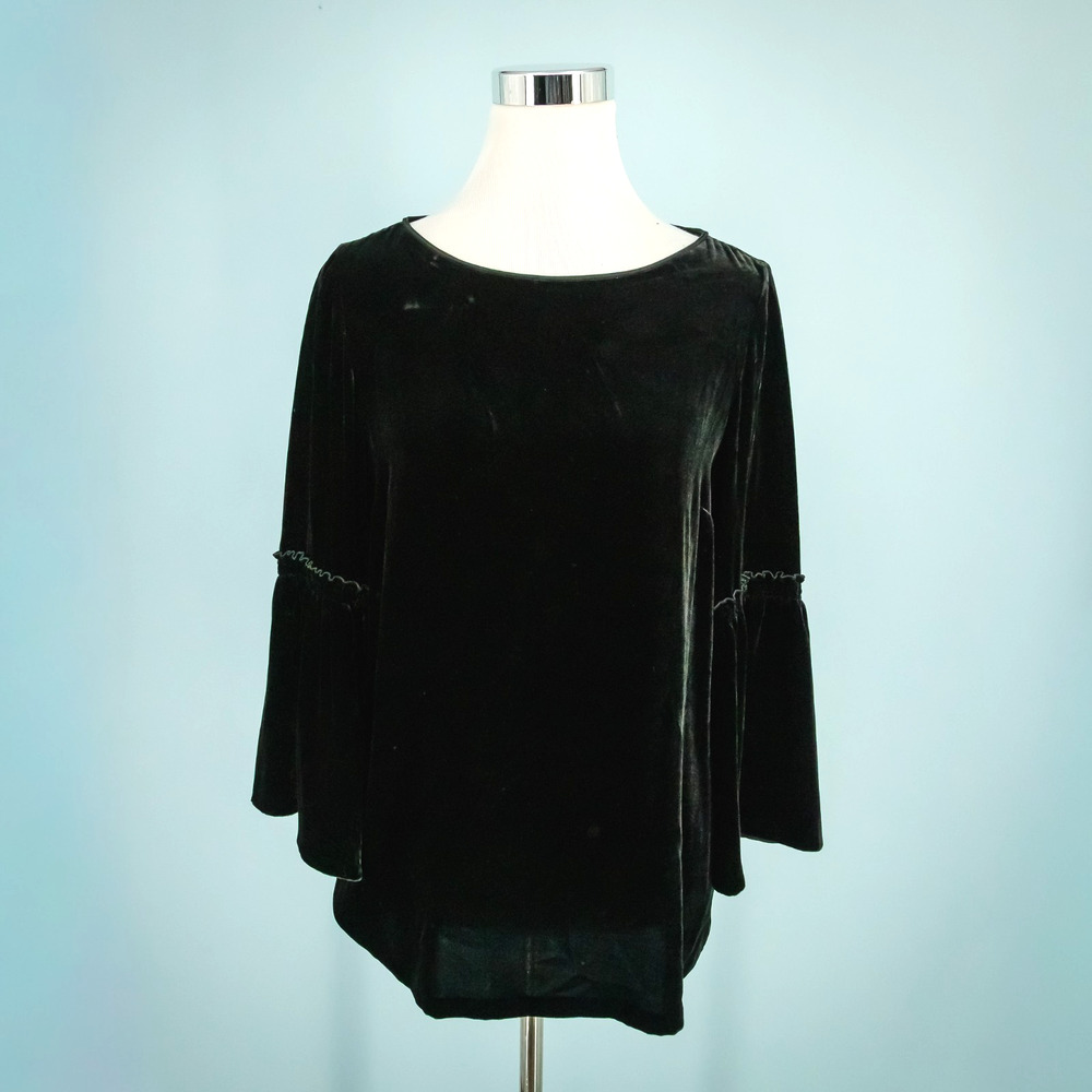 Lafayette 148 Size Small S Black Velvet Roslin Scoop 3/4 Bell Sleeve Silk Top
